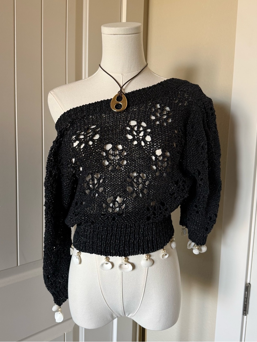 Sonia Rykiel Black Crochet Off-Shoulder Sweater with Shell Fringe